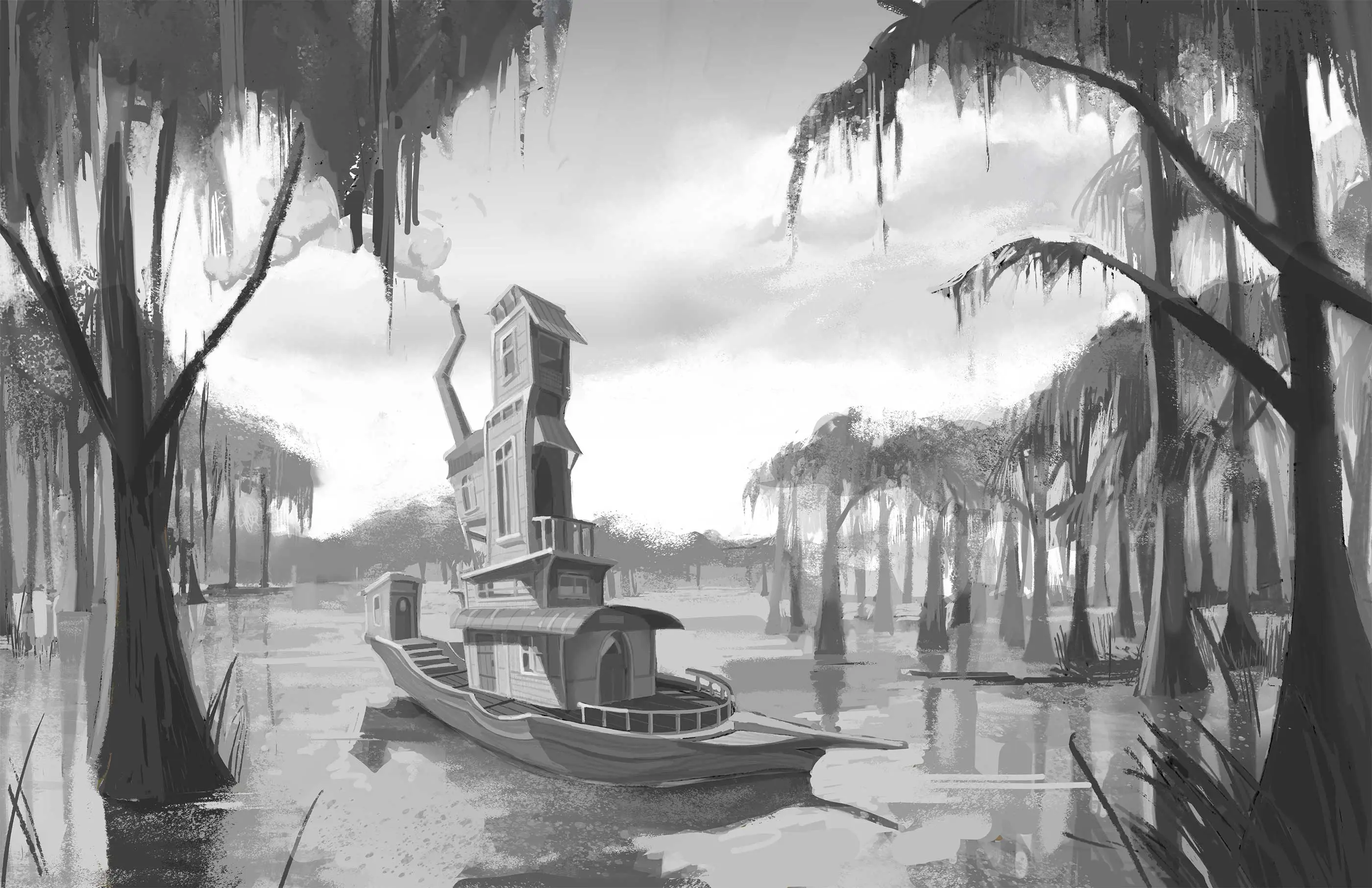 A painting of a tall boat within a swamp.