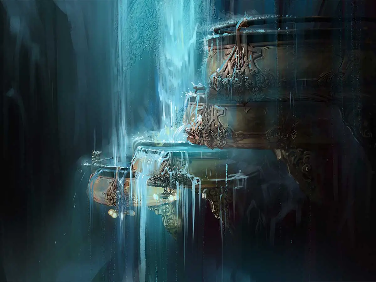 A painting of large ornate pots collecting water.