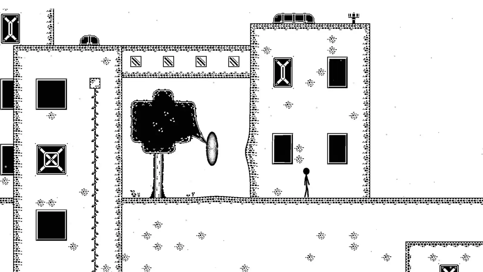 A stick figure standing in an empty city while a portal sucks in a tree and part of a building.
